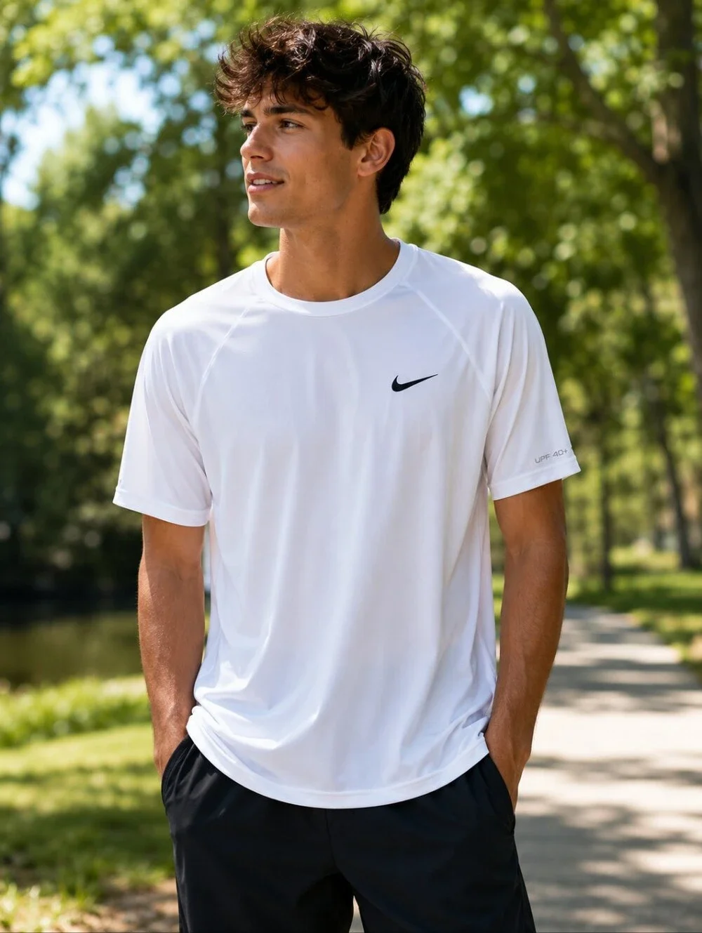 Nike White Dri-FIT Swim Polo Shirt with Black Swoosh